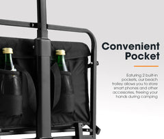 San Hima folding camping storage wagon with built-in pockets holding bottles, text about convenience and product features.