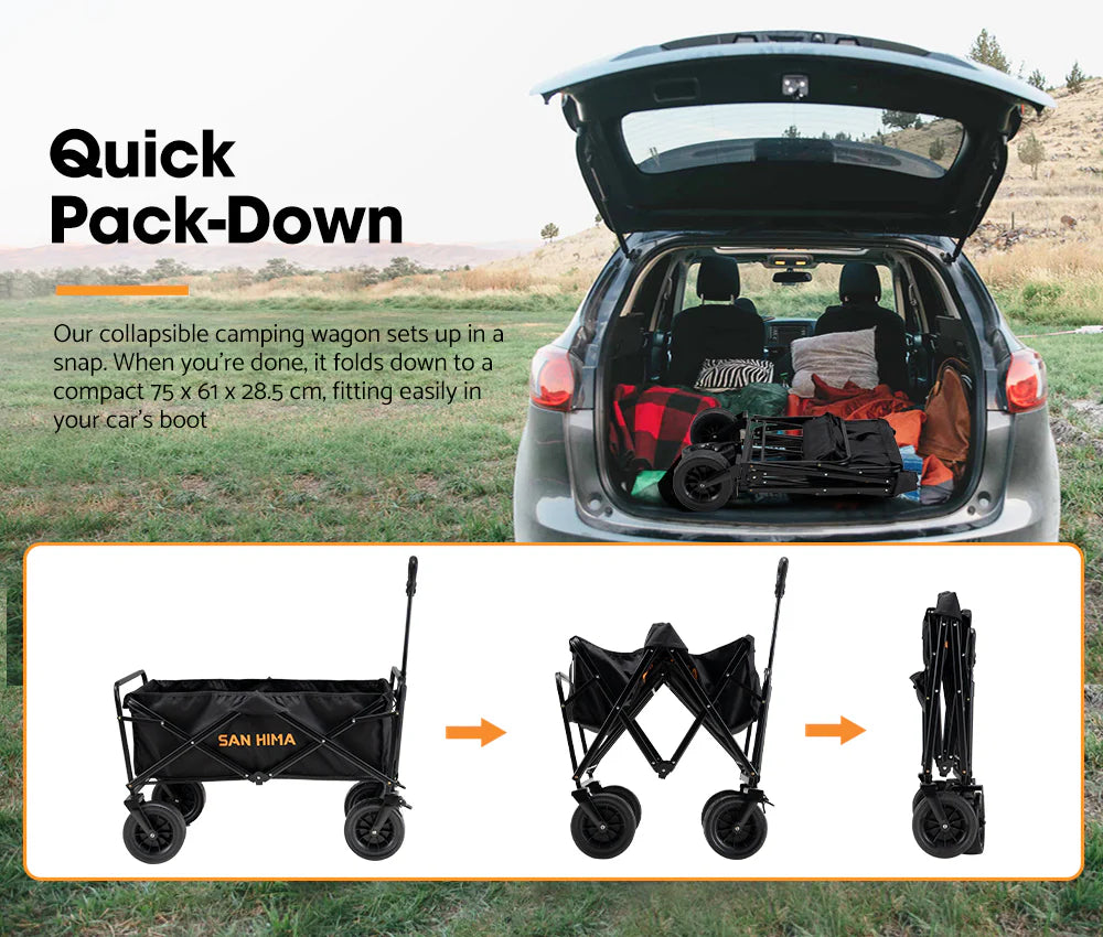 Collapsible camping storage wagon for easy storage and transport in vehicle boots