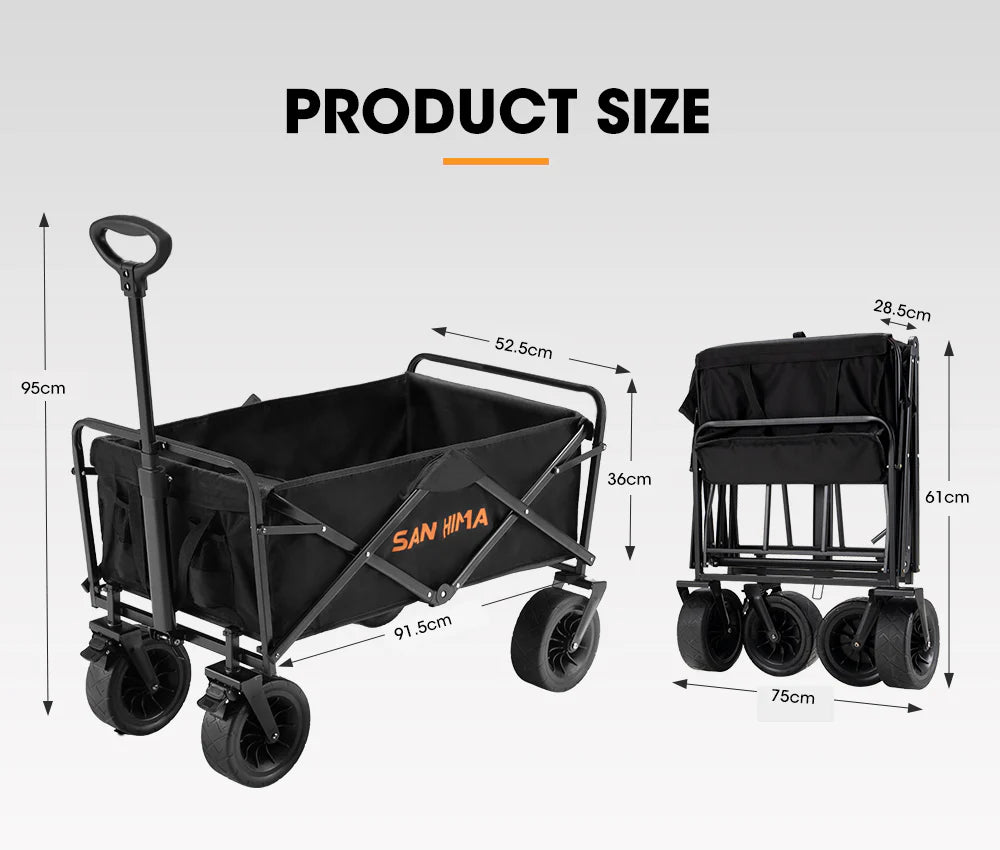 Black folding storage wagon with measurements on a grey background