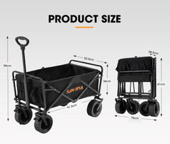 Black folding storage wagon with measurements on a grey background