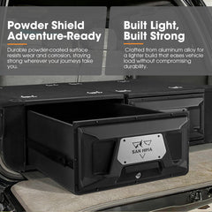 Black storage box with 'San Him' branding on a vehicle, featuring text about durability and design.