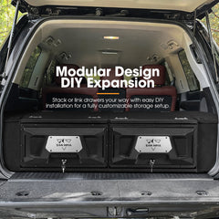 Car trunk with modular storage drawers labeled 'Modular Design DIY Expansion'.