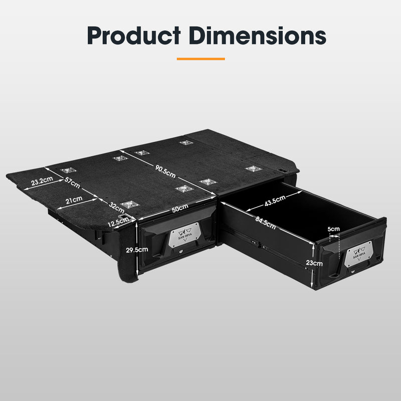 Black storage unit with dimensions labeled on a gray background