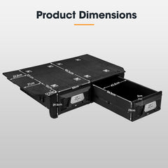 Black storage unit with dimensions labeled on a gray background