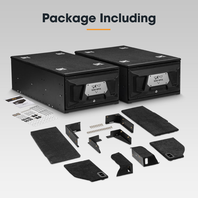 Two 4x4 vehicle storage drawers and various components on a light gray background
