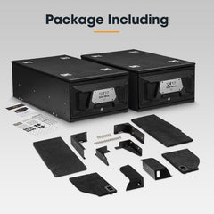 Two 4x4 vehicle storage drawers and various components on a light gray background