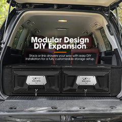 Car trunk with modular storage drawers labeled 'Modular Design DIY Expansion'.