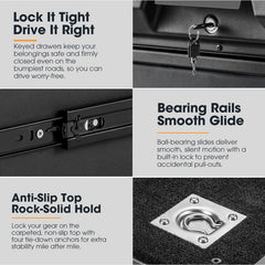 Collage of features including keyed drawers, bearing rails, anti-slip top, and tie-down anchors on a black surface.