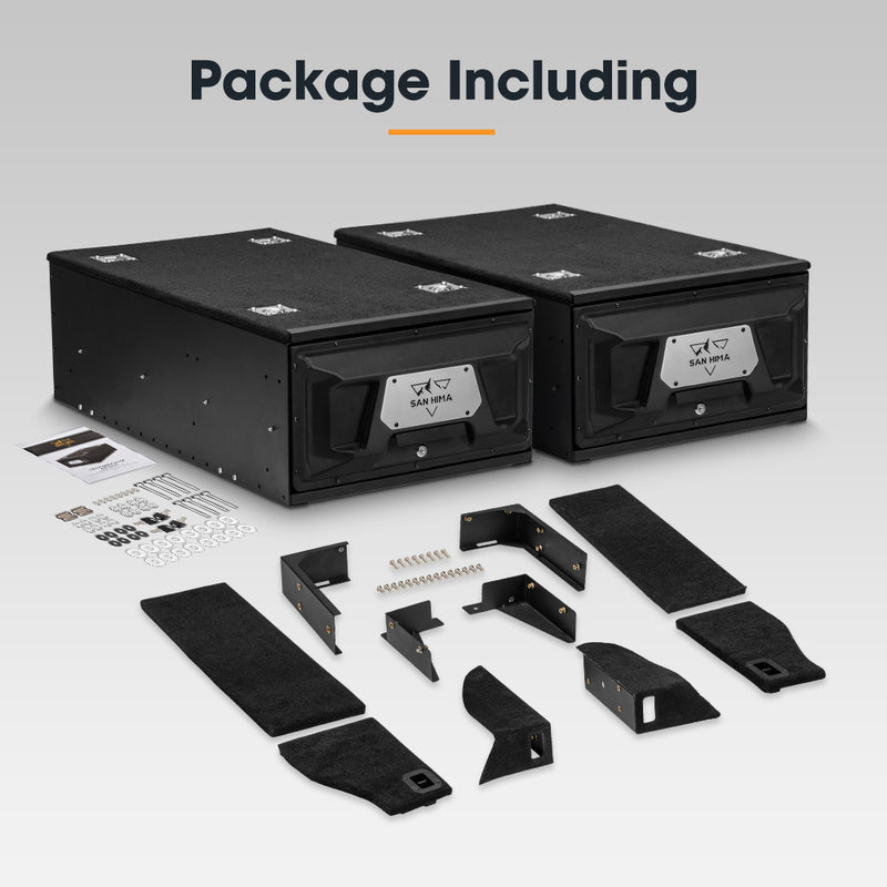Car audio package with two black boxes and various components on a white background