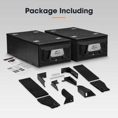 Car audio package with two black boxes and various components on a white background