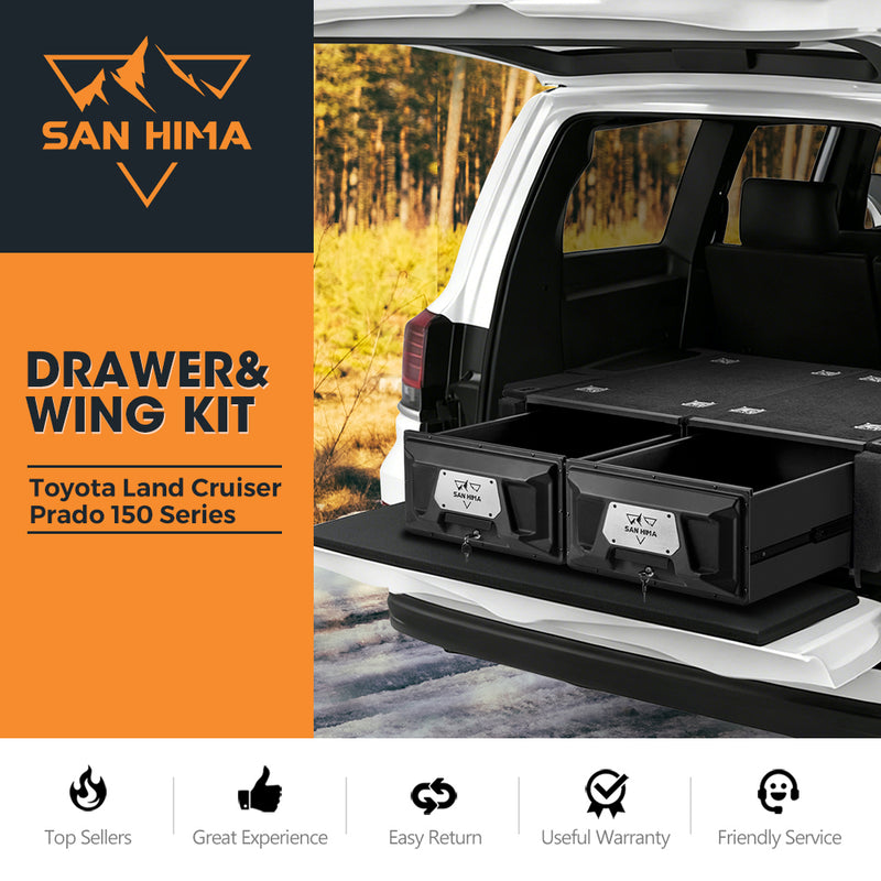 San Hima drawer and wing kit for Toyota Land Cruiser Prado 150 Series with a vehicle in the background.