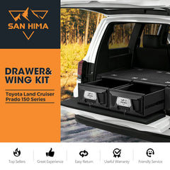 San Hima drawer and wing kit for Toyota Land Cruiser Prado 150 Series with a vehicle in the background.