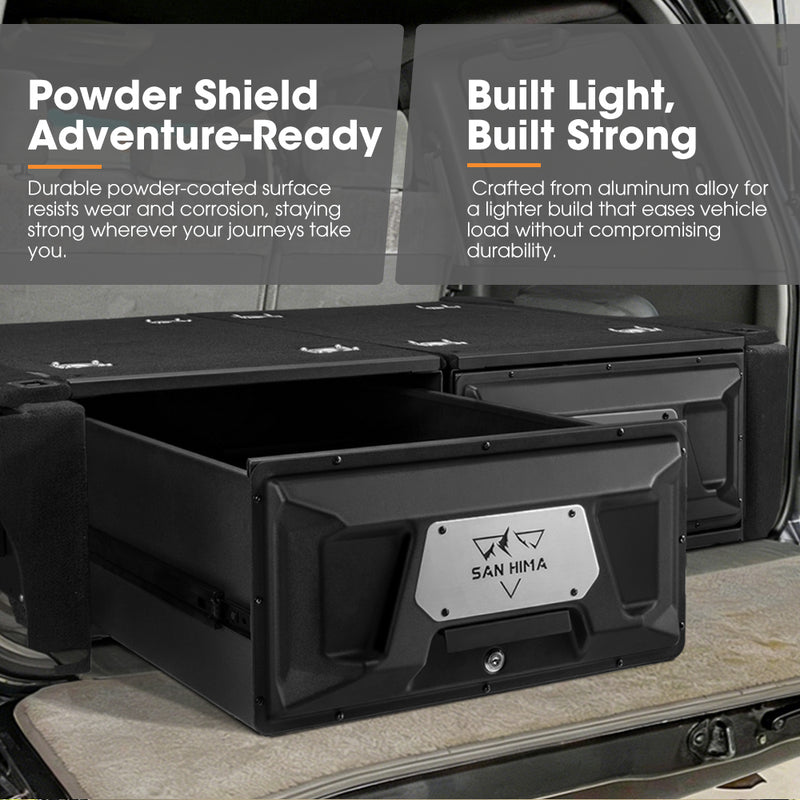 Black storage box with powder-coated surface and aluminum alloy construction, featuring San Hima branding.