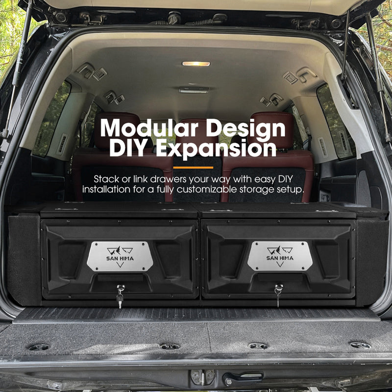 Modular storage drawers in an open vehicle trunk with text overlay.