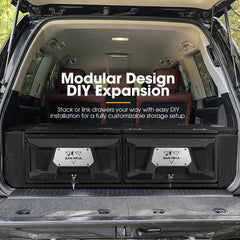 Modular storage drawers in an open vehicle trunk with text overlay.