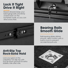 Collage of features including keyed drawers, bearing rails, anti-slip top, and tie-down anchors on a black surface.