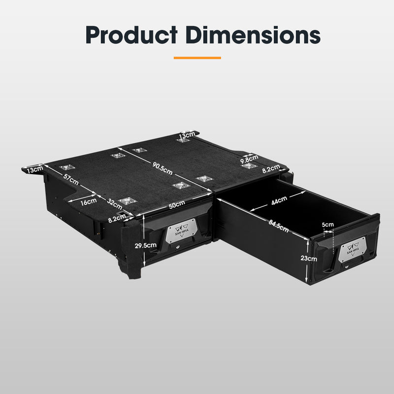 Black vehicle storage bed with dimensions labeled on a gray background