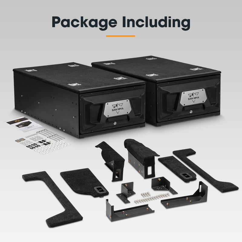Set of black boxes and hardware components on a light gray background with 'Package Including' text.
