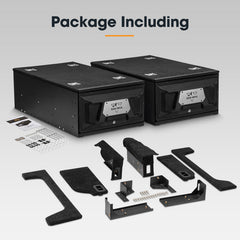 Set of black boxes and hardware components on a light gray background with 'Package Including' text.