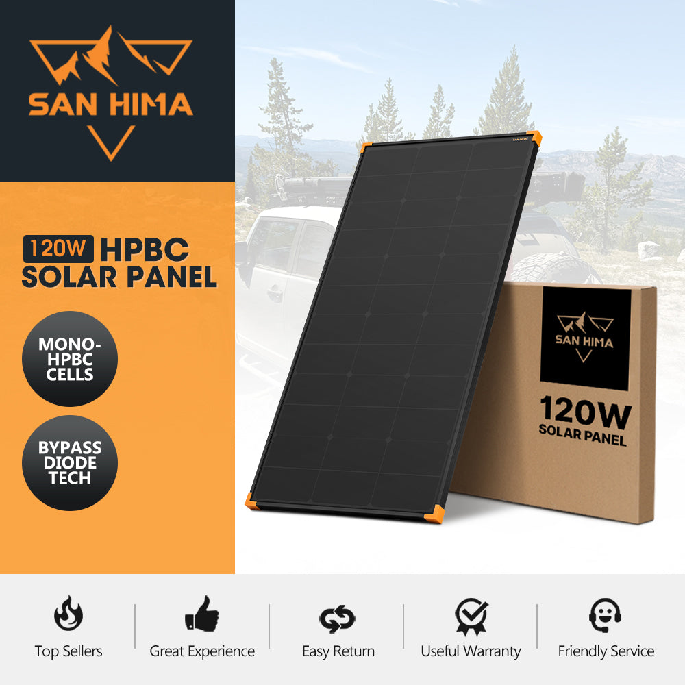 San Hima 120W Mono-HPBC Fixed Solar Panel Bypass Power Camping Caravan Battery