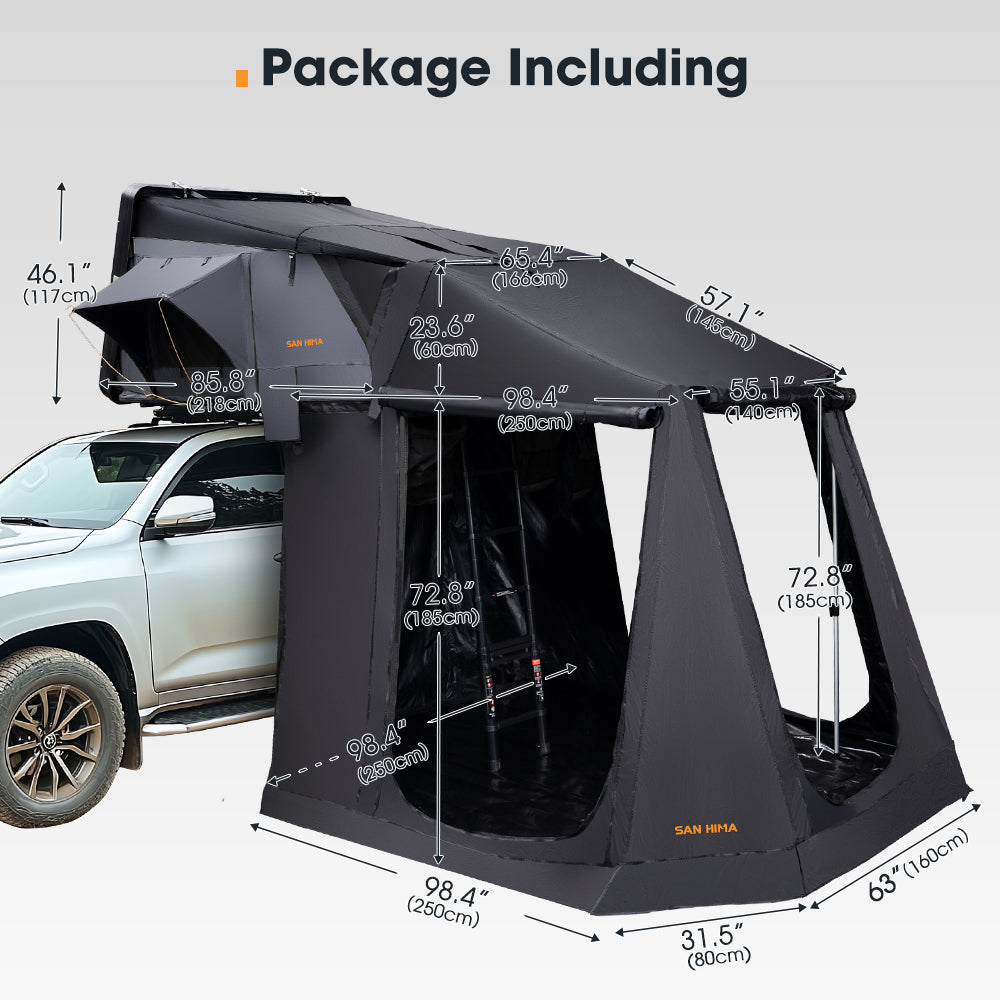 San Hima roof top tent and annex camping shade assembled dimensions on a light background.