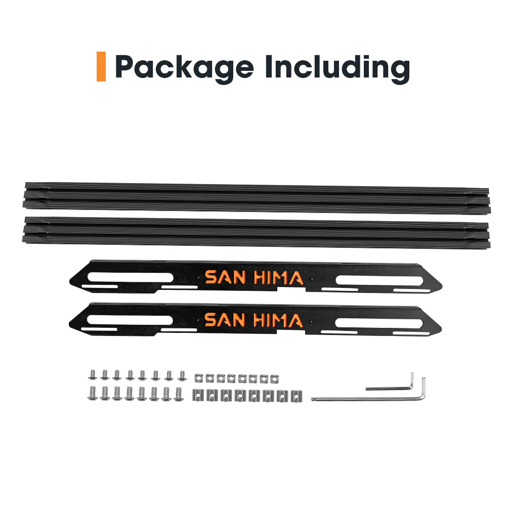 SAN HIMA roof rack product package contents on a white background, including black metal strips and screws