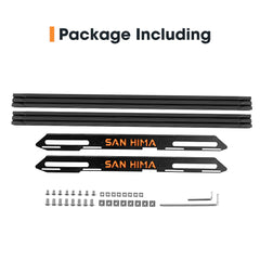 SAN HIMA roof rack product package contents on a white background, including black metal strips and screws