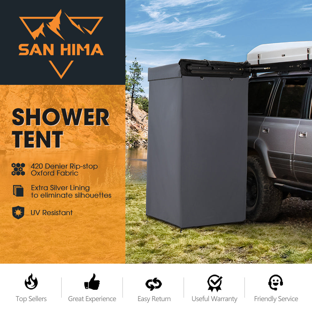 San Hima shower tent with vehicle in outdoor setting