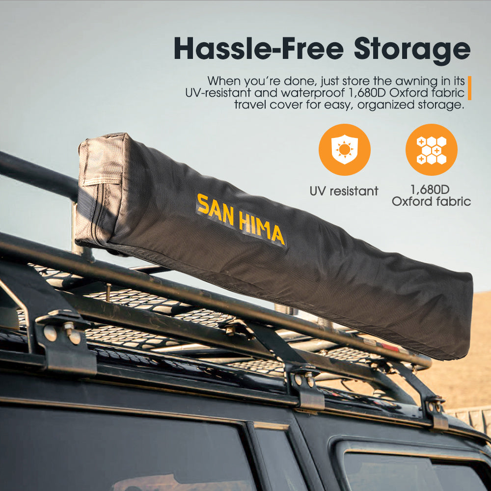 San Hima shower awning roof top storage cover on a vehicle with text about UV resistance and fabric quality.