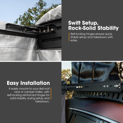 San Hima shower awning tent with text highlighting swift setup, rock-solid stability, and easy installation.