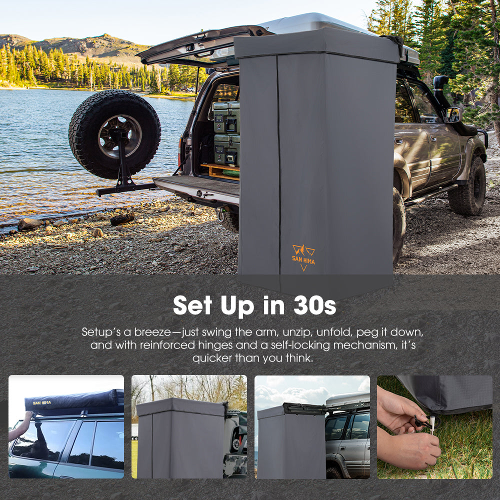 San Hima portable camping shower awning attached to an SUV by a lake with text about setup time.