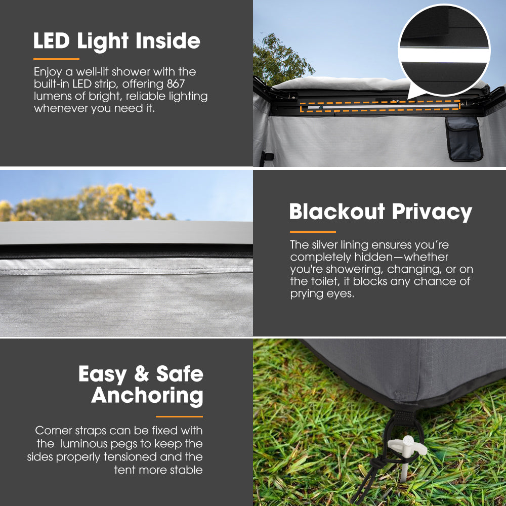 Portable San Hima shower tent with LED light, blackout privacy, and easy anchoring features.