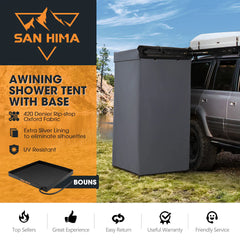 San Hima awning shower tent with base product on a grassy area with a vehicle in the background.