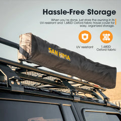Car roof rack with a San Hima awning storage cover on a clear sky background