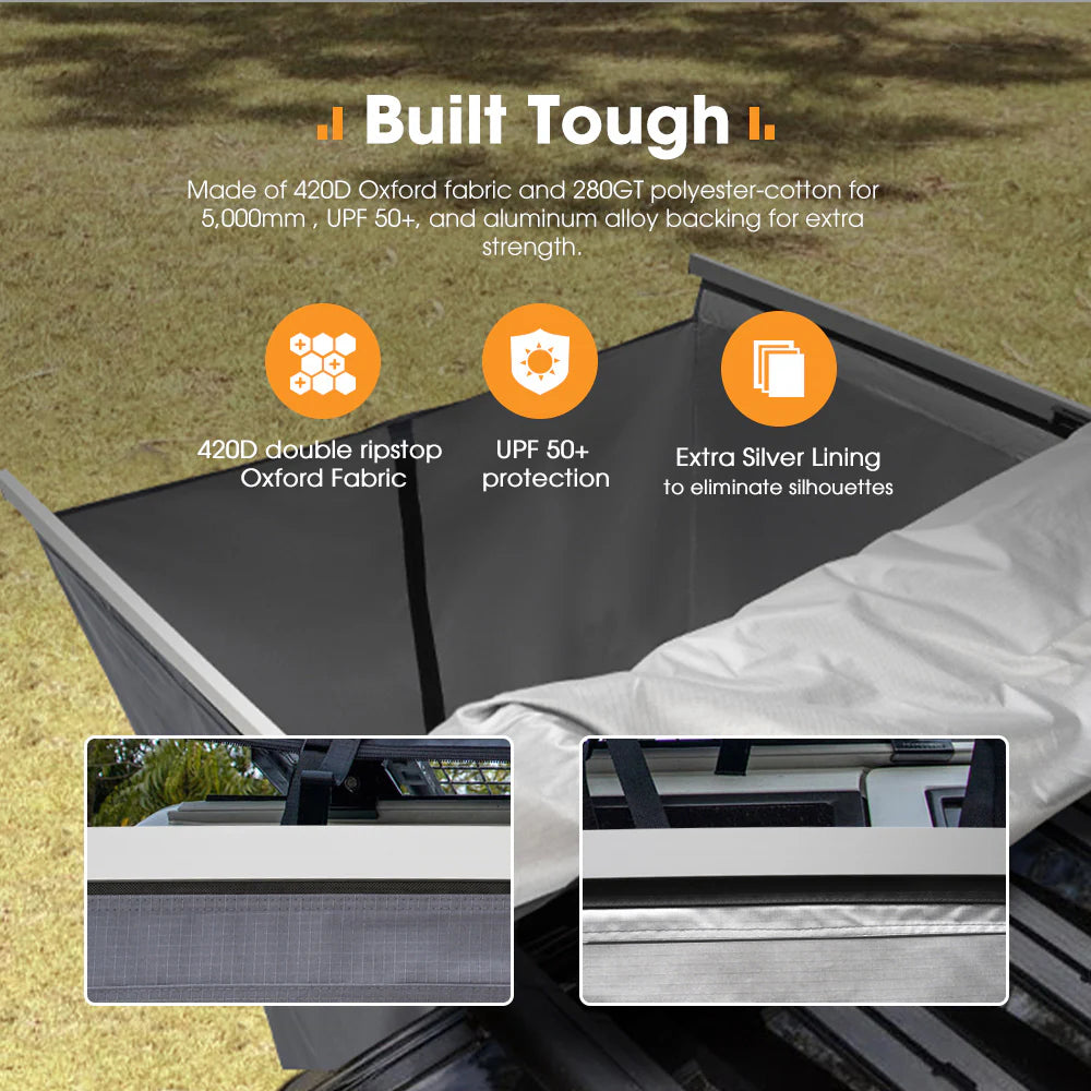 Awning durability features highlighted on a grassy background