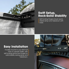 Roof rack system for shower awning with text highlighting swift setup, rock-solid stability, and easy installation.