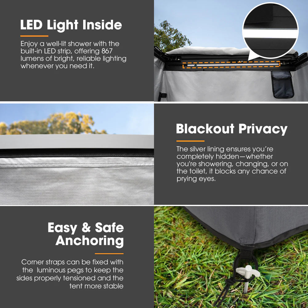 Product features of a tent with LED light, blackout privacy, and easy anchoring system.