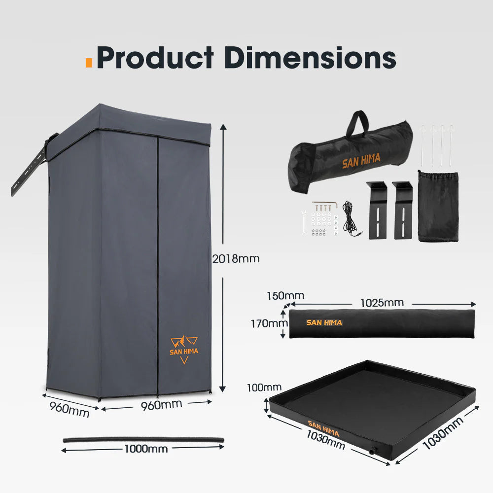 Product dimensions chart with a grey storage box, black tray, and accessories on a white background.