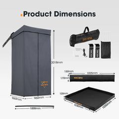 Product dimensions chart with a grey storage box, black tray, and accessories on a white background.