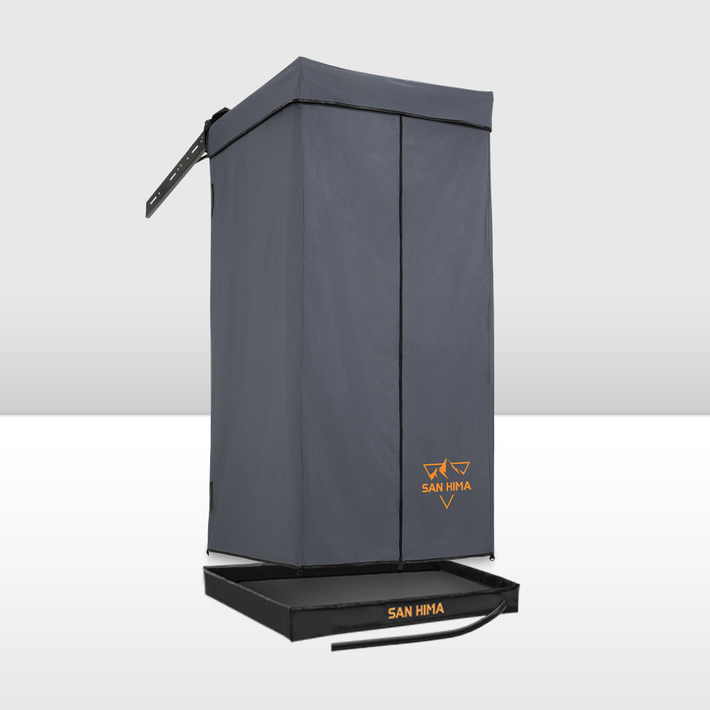 Grey SAN HIMA portable camping shower awning tent with base on a white background