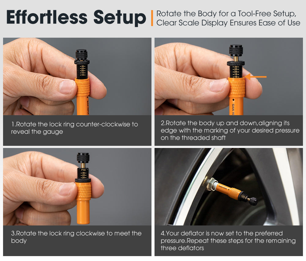 San Hima 4 Pcs Automatic Tire Deflator 10-30 PSI Air Down Tire Valve