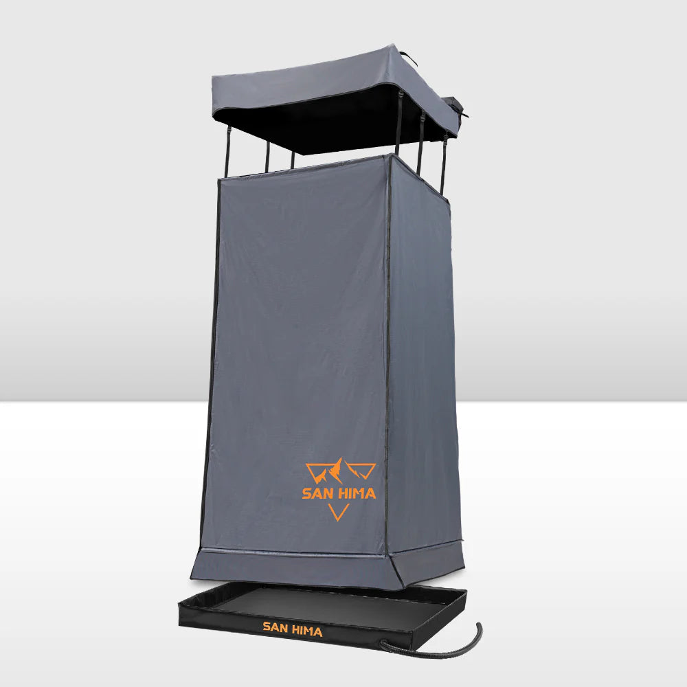 Grey SAN HIMA portable camping shower awning tent with base on a white background