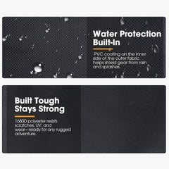 Text on a black background highlighting water protection and durability features.