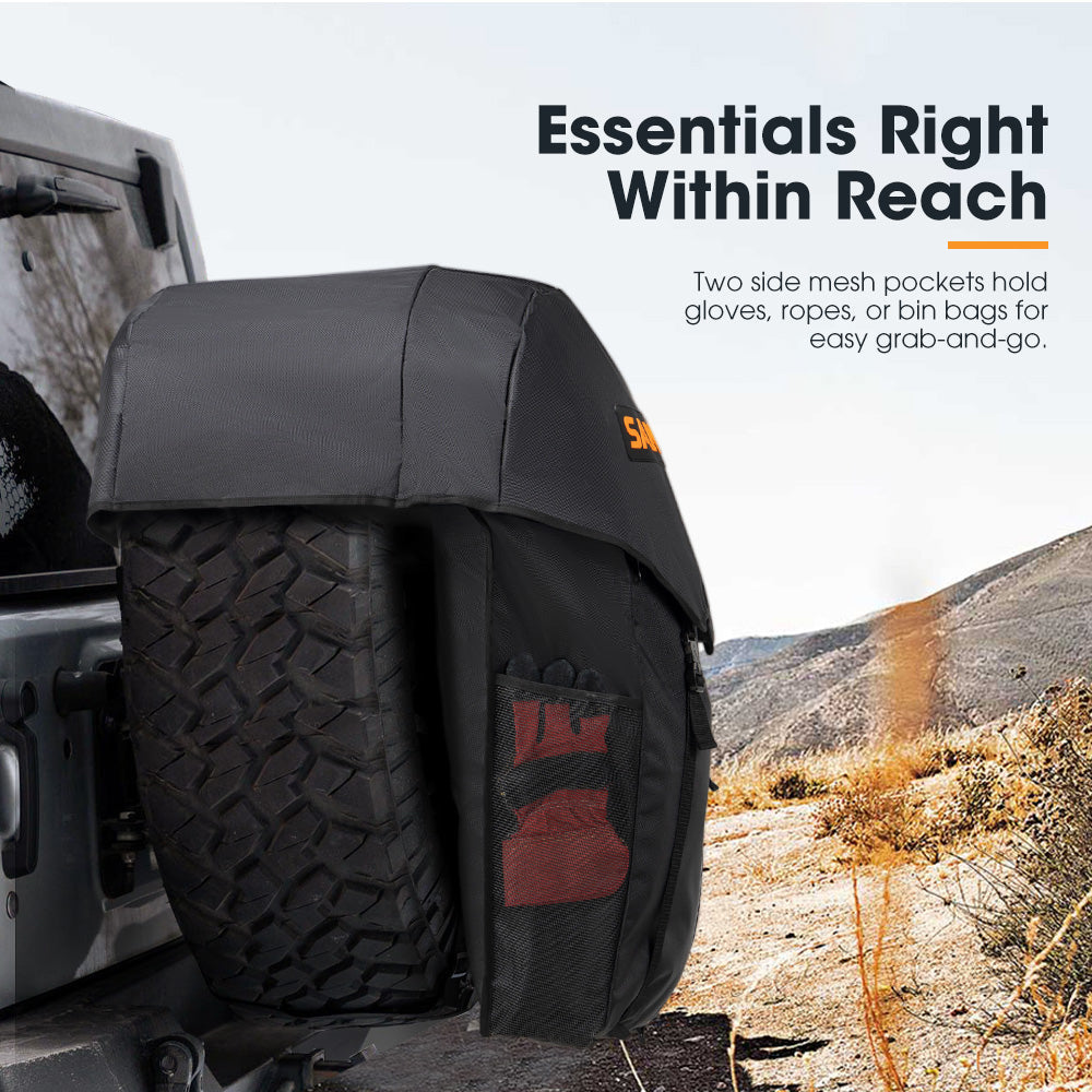 Black tire bag cover with side mesh pockets on a vehicle, set against a desert landscape.