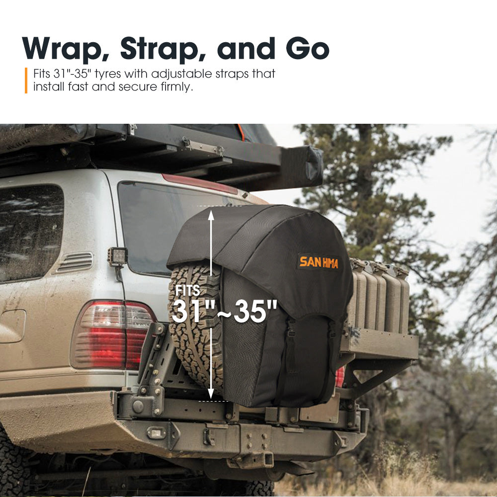 Car with tire cover and adjustable straps for vehicle tires, set against a natural background.
