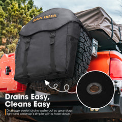 Black bag attached to a vehicle tire with 'SAN HIM' branding, showing drainage feature.