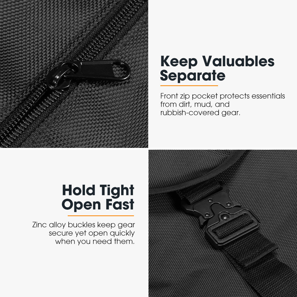 Black wheel and storage bag with front zip pocket and zinc alloy buckles, featuring text on product features.