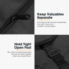 Black wheel and storage bag with front zip pocket and zinc alloy buckles, featuring text on product features.