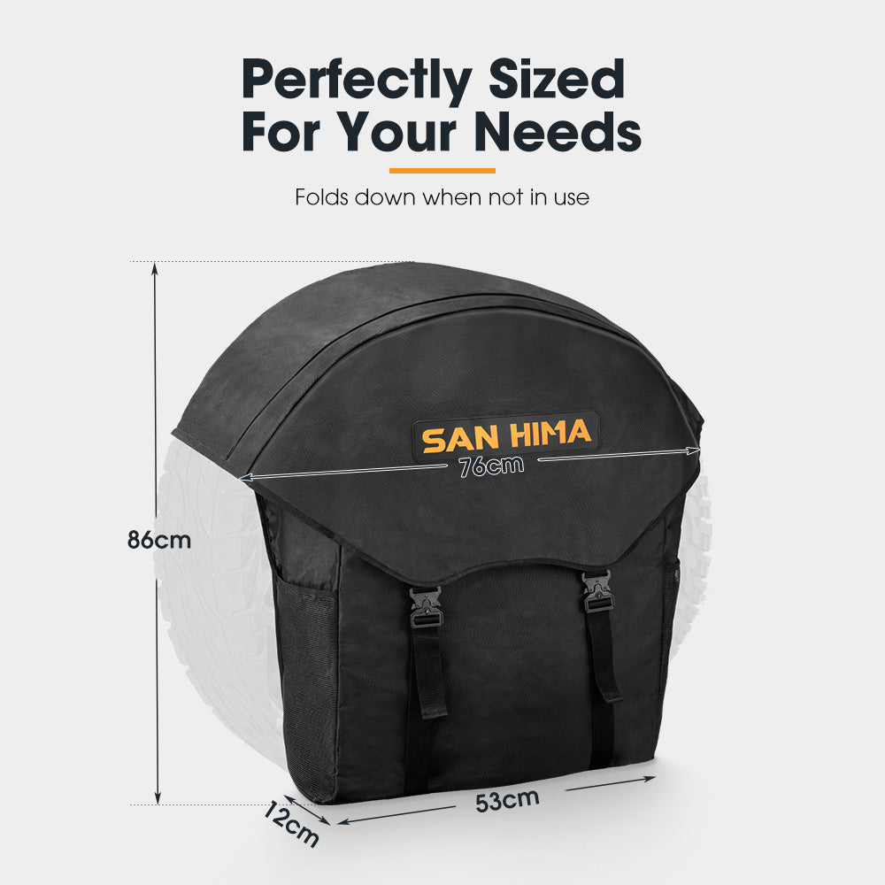 Black wheel and storage bag with 'SAN HIMA' branding and dimensions on a white background