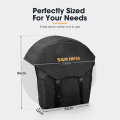 Black wheel and storage bag with 'SAN HIMA' branding and dimensions on a white background